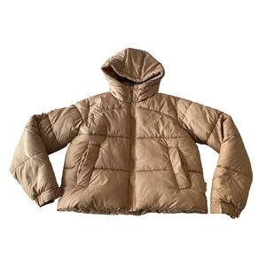 Missguided Puffer Jacket Womens Size 8 Light Brown Taupe Cropped Hooded Coat